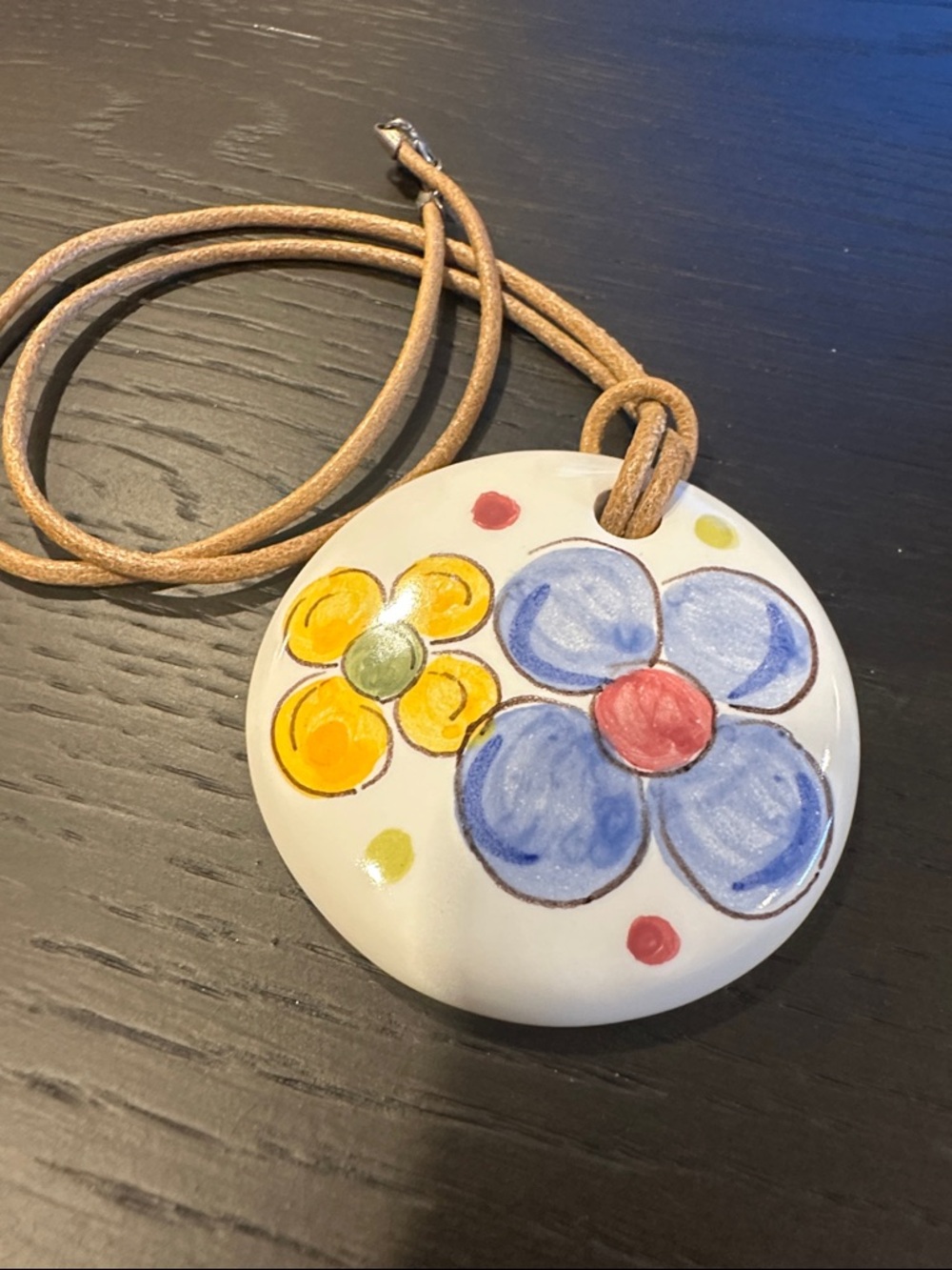 Vintage Henriot Quimper Hand‑Painted Ceramic Necklace – Blue & Yellow Floral –